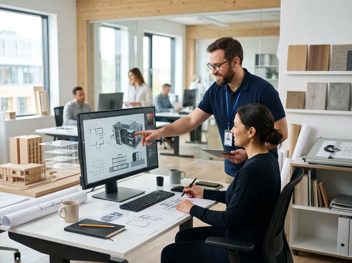 Helpdesk technician assisting an architect at a desk during a tight project deadline