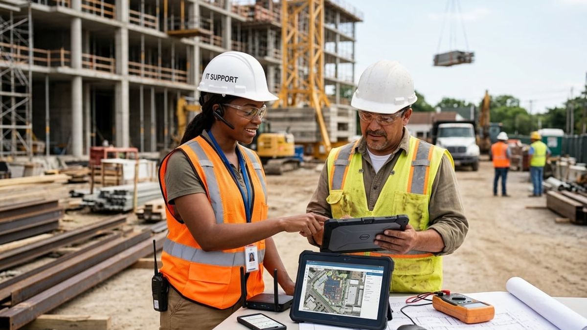 Project manager reviewing Procore schedules on a laptop in a job site trailer, IT support for construction