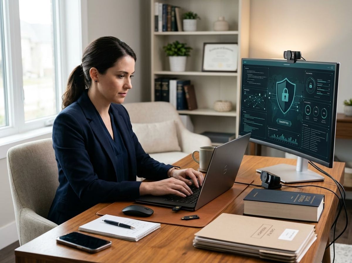 Encrypted laptop and mobile device sitting on a tidy desk used for remote legal case work