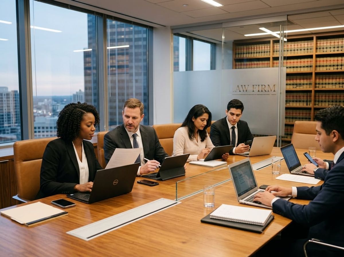 Two lawyers reviewing documents on a tablet while discussing firm security standards