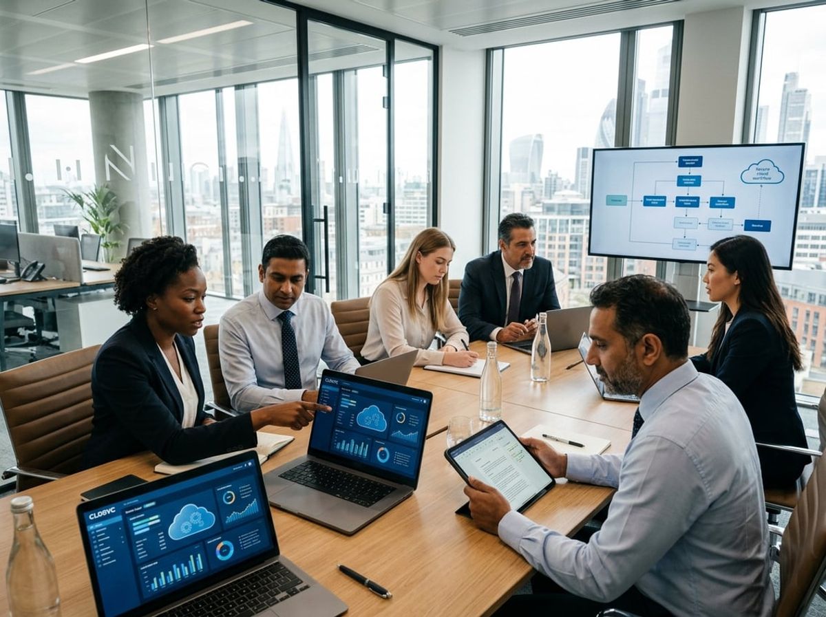 Attorneys gathered around a table discussing cloud desktop deployment on laptops in a bright office