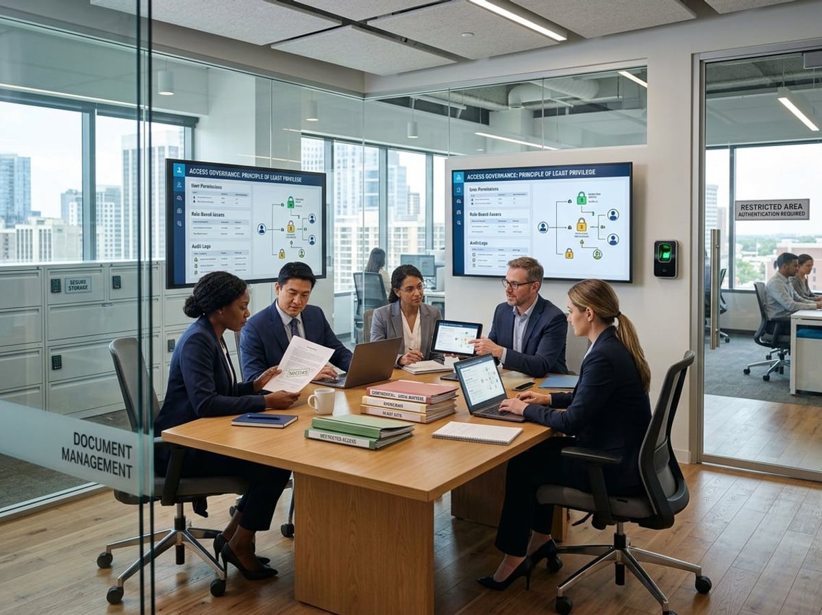 A group of professionals in a modern office collaborating with laptops and secure documents, emphasizing controlled access to sensitive files.