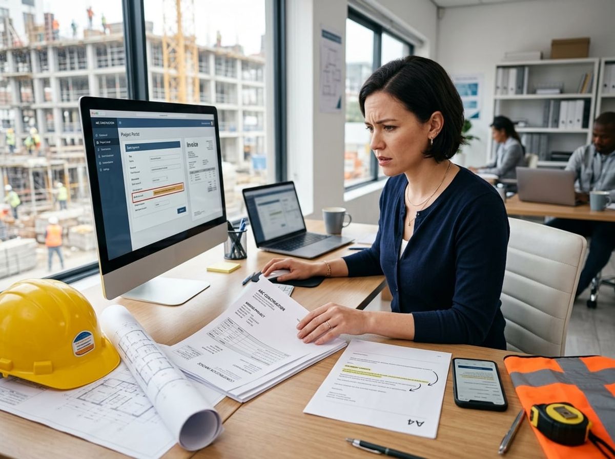 Accounts payable staff member examining a redirected payment request next to project plans