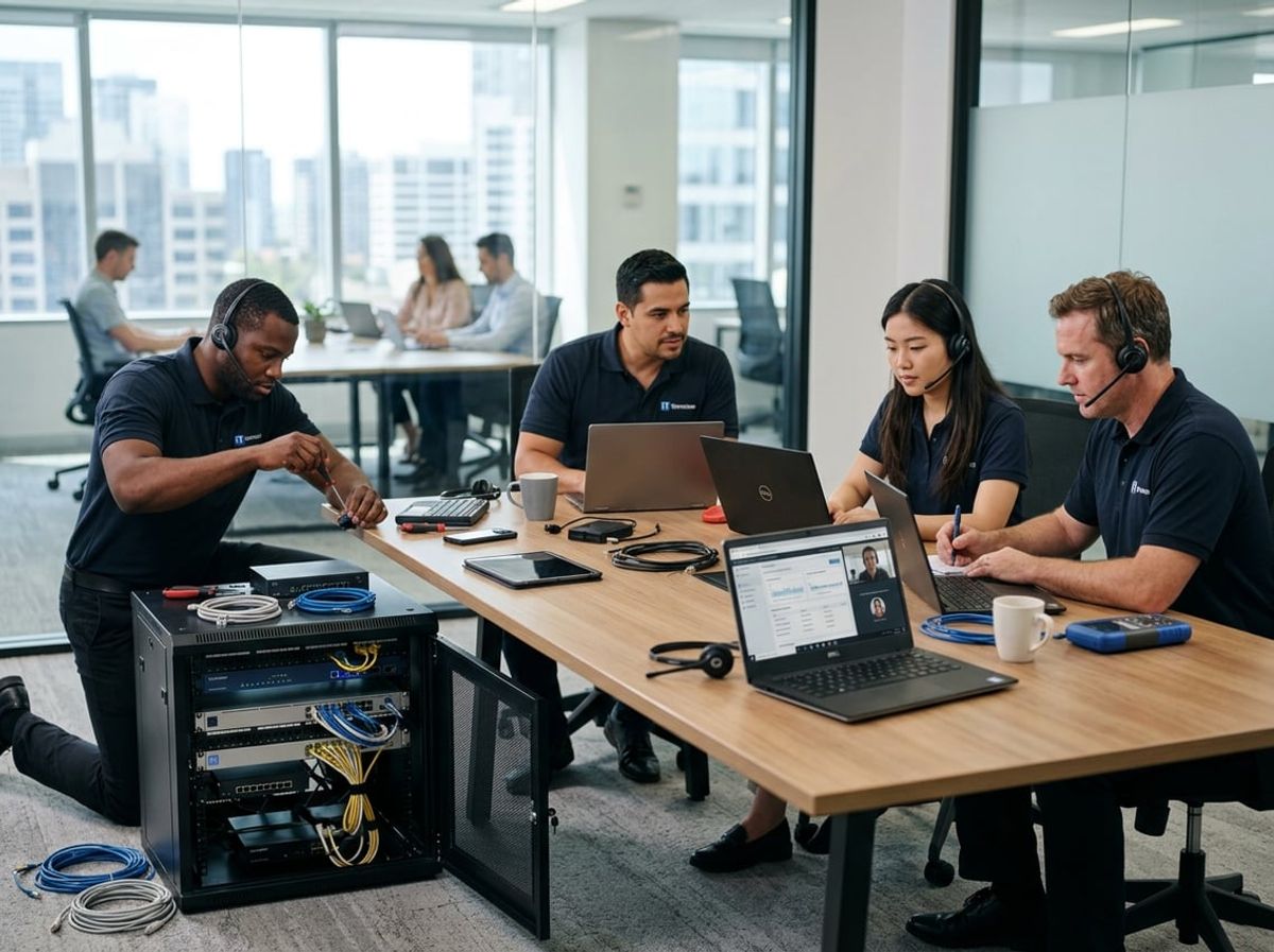 IT provider staff reviewing hardware setup alongside a remote monitoring screen