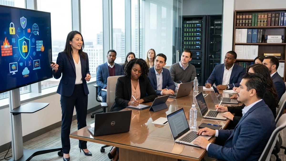 Law firm partners reviewing law firm security awareness training materials in a NYC office