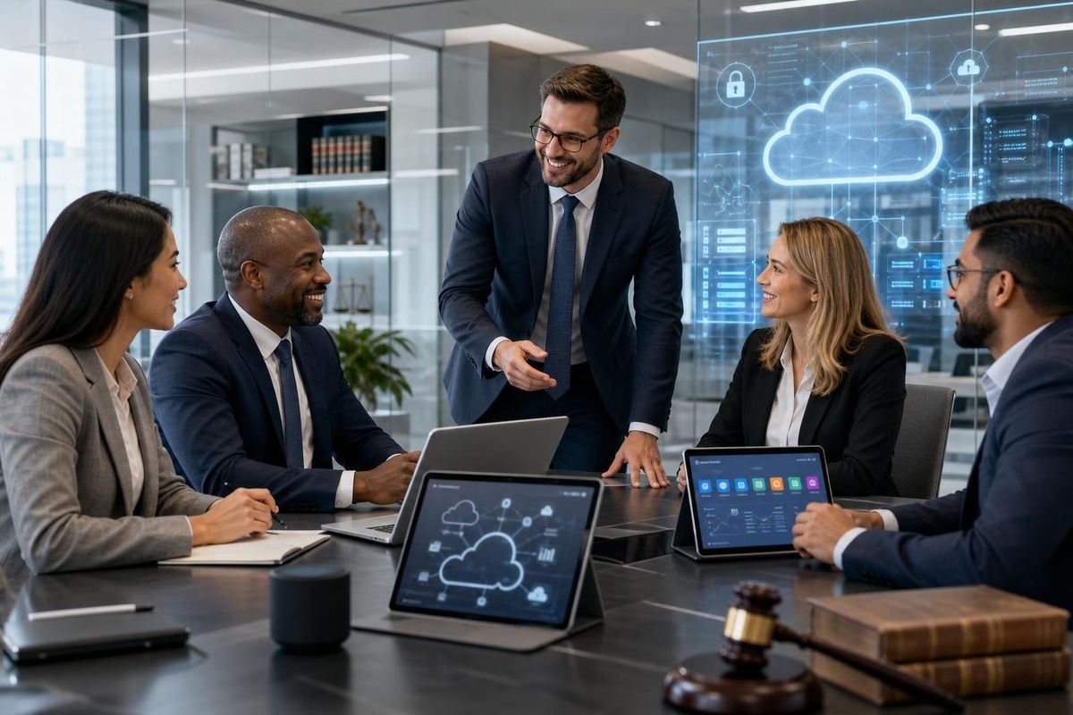 Business professionals collaborating in a modern office with laptops and digital screens showing cloud computing visuals, with subtle legal elements in the background.