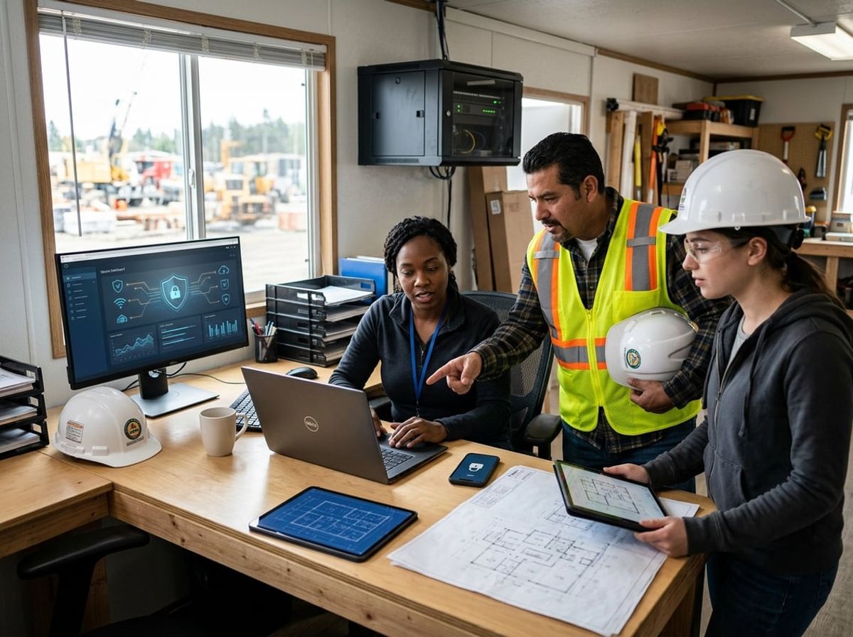 Project office staff and specialist examine dashboards showing network security settings