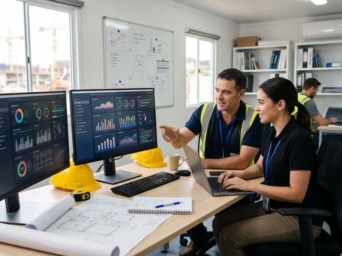 Office workstation loaded with design software surrounded by construction plans and drafting tools