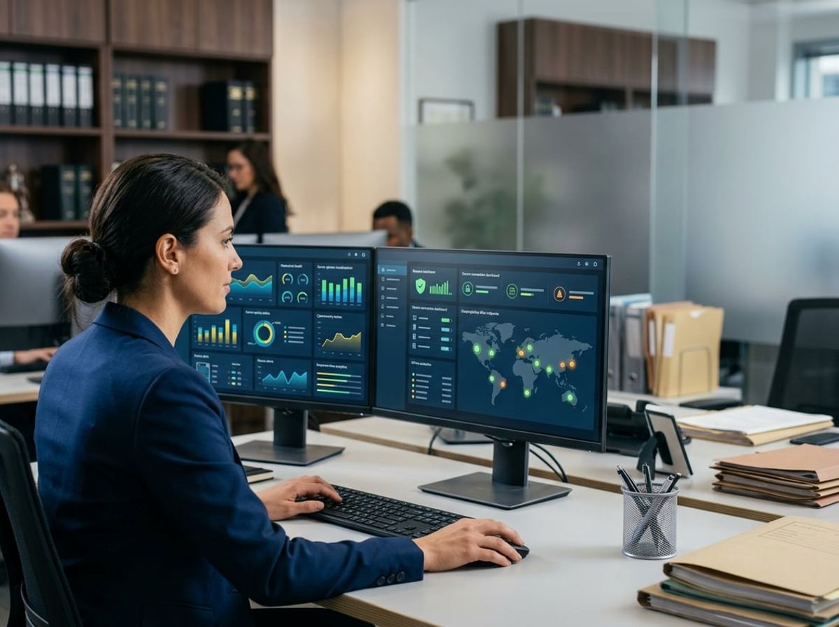 Technician watches network health alerts across a law firm