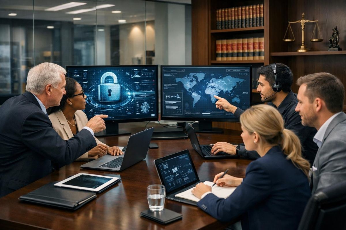 A group of professionals in a law firm office collaborating on IT support with laptops and computer monitors around a conference table.