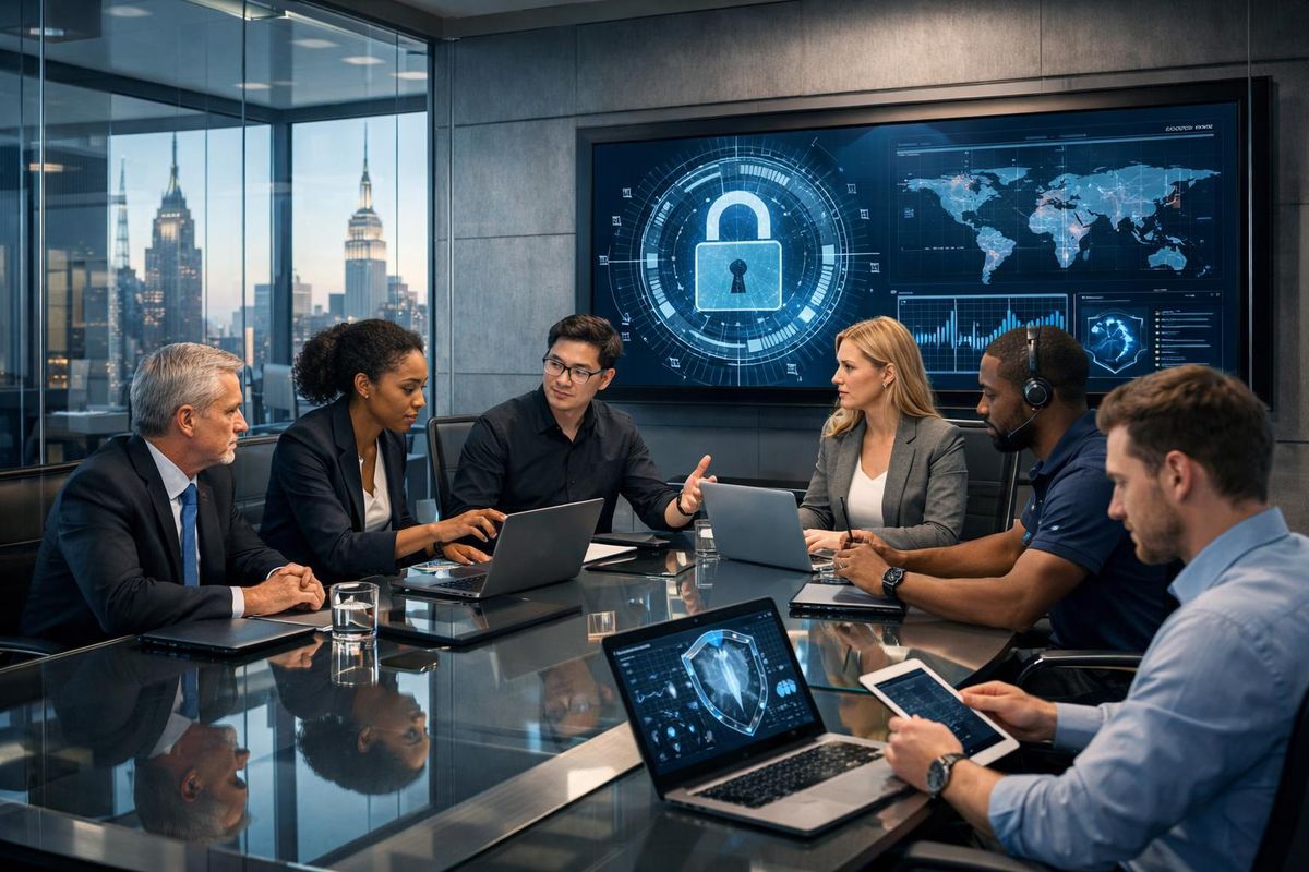 A group of professionals collaborating in a modern law firm office with laptops and digital screens showing cybersecurity data.