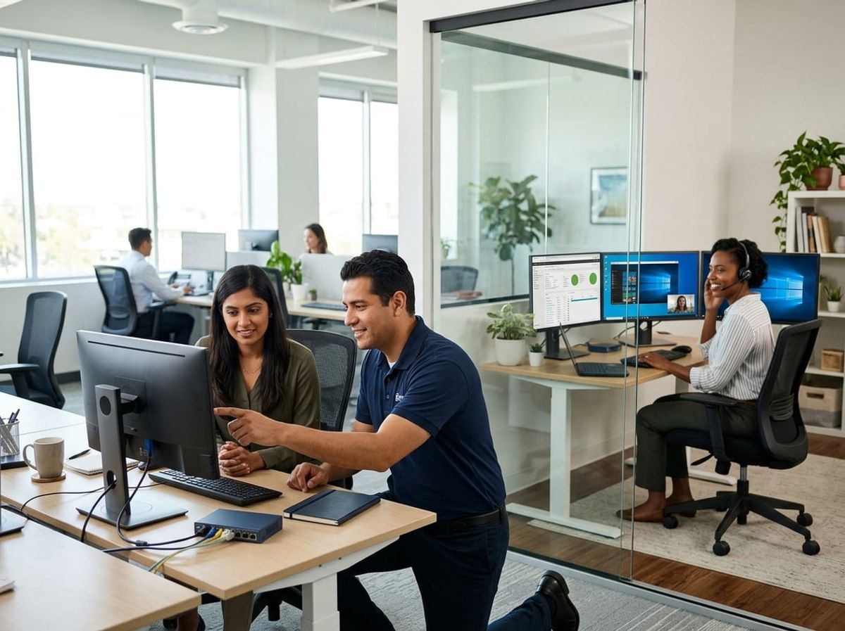 Technician resolving an urgent computer issue while a colleague joins remotely for backup