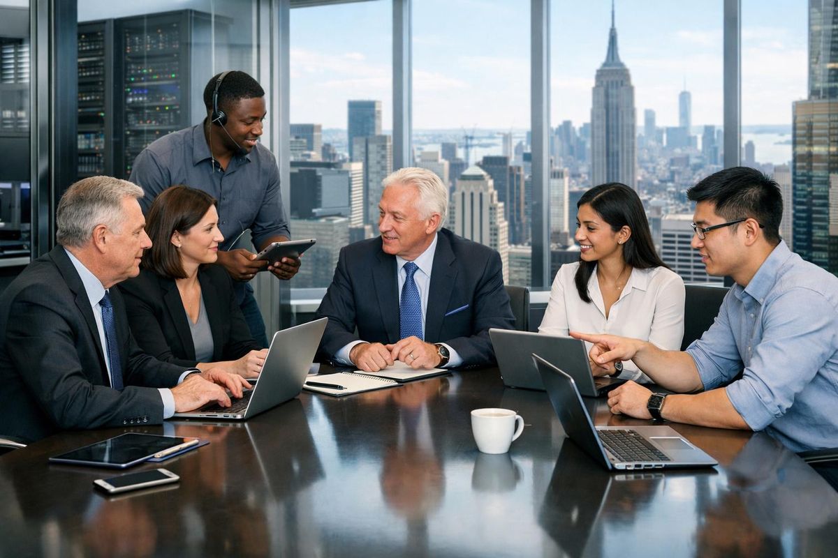 A group of professionals in a modern office collaborating with laptops and digital devices, with a city skyline visible through large windows.