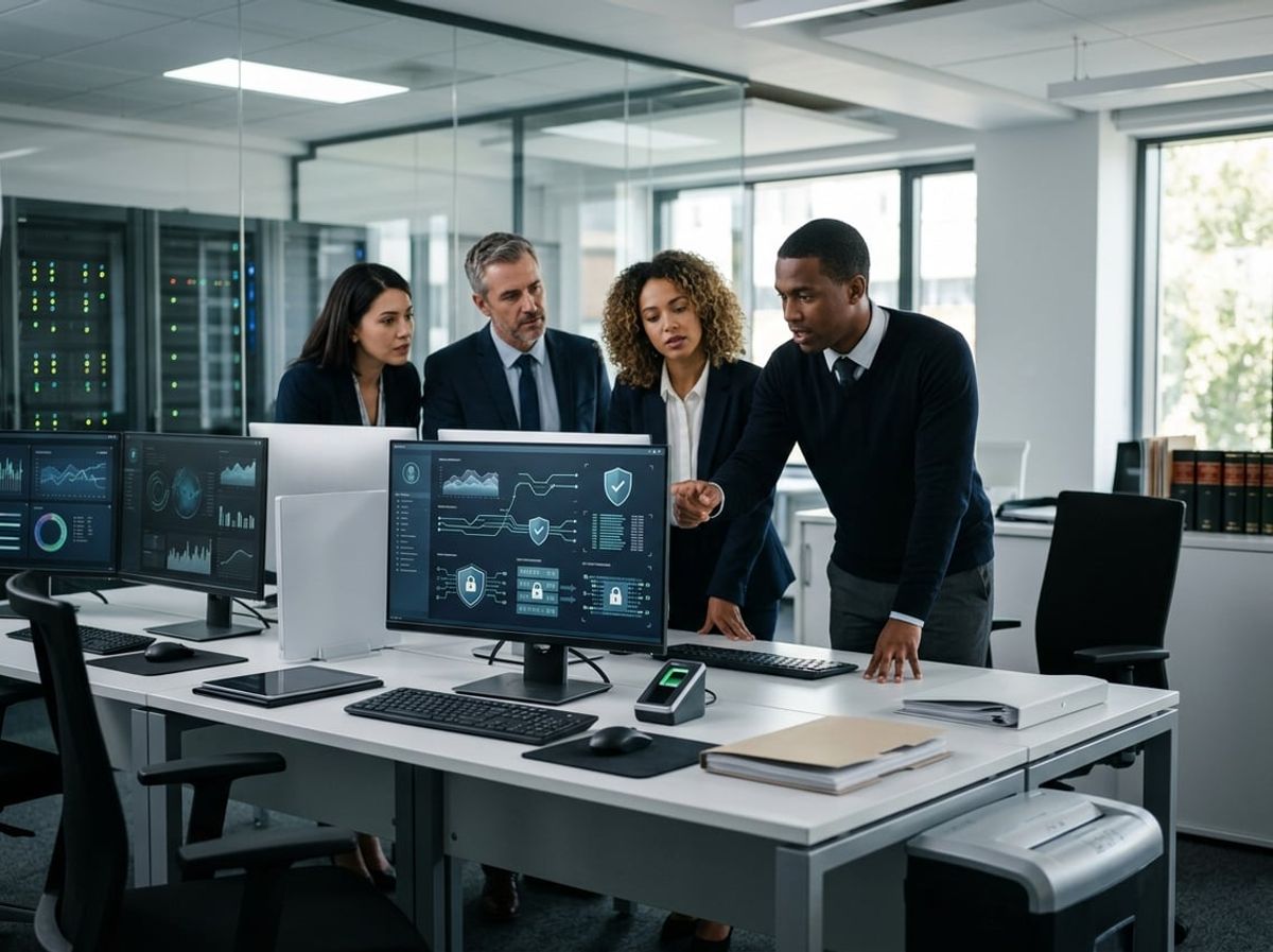 IT specialist shows security dashboard to legal team illustrating compliance controls