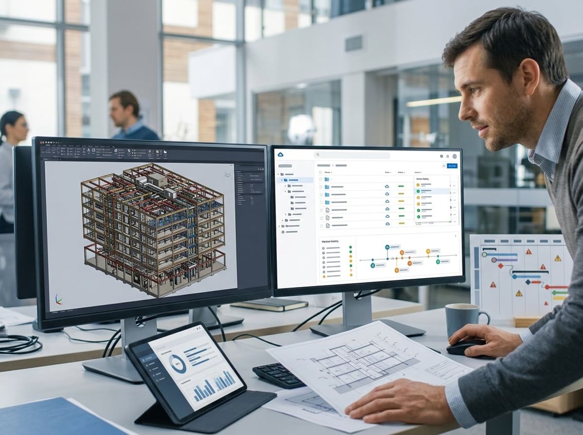 Project timeline on screen showing a stalled sync alongside an active building model