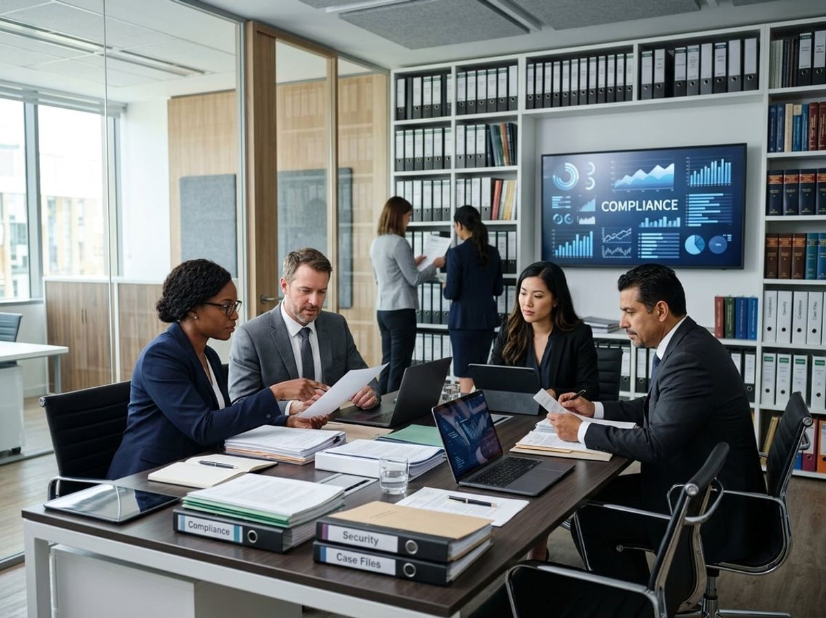 Law firm professionals organizing and securing client files with law firm document management.