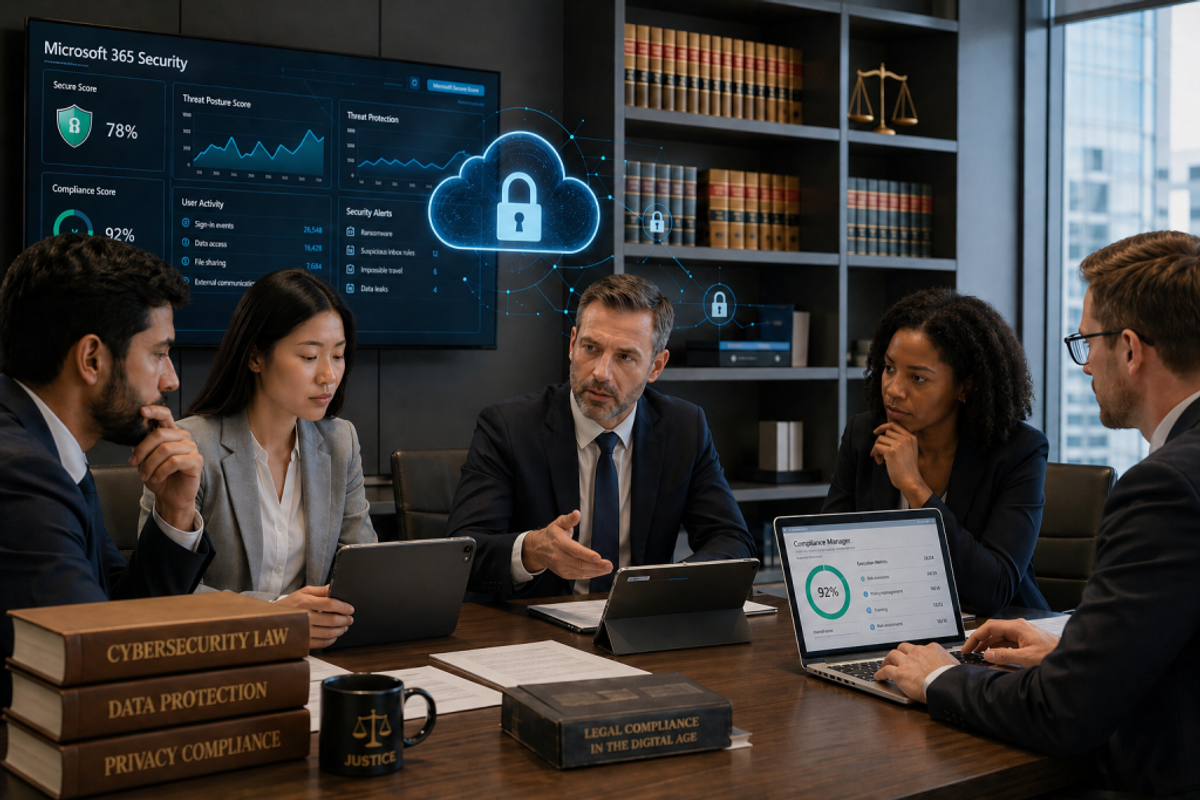 A group of professionals in a law firm office collaborating around a table with laptops and monitors showing cybersecurity visuals.