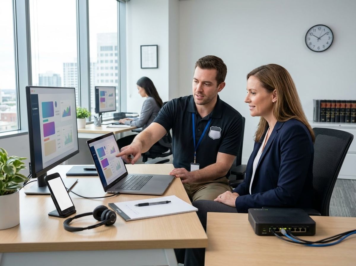 IT support technician troubleshoots a workstation issue for an attorney during business hours