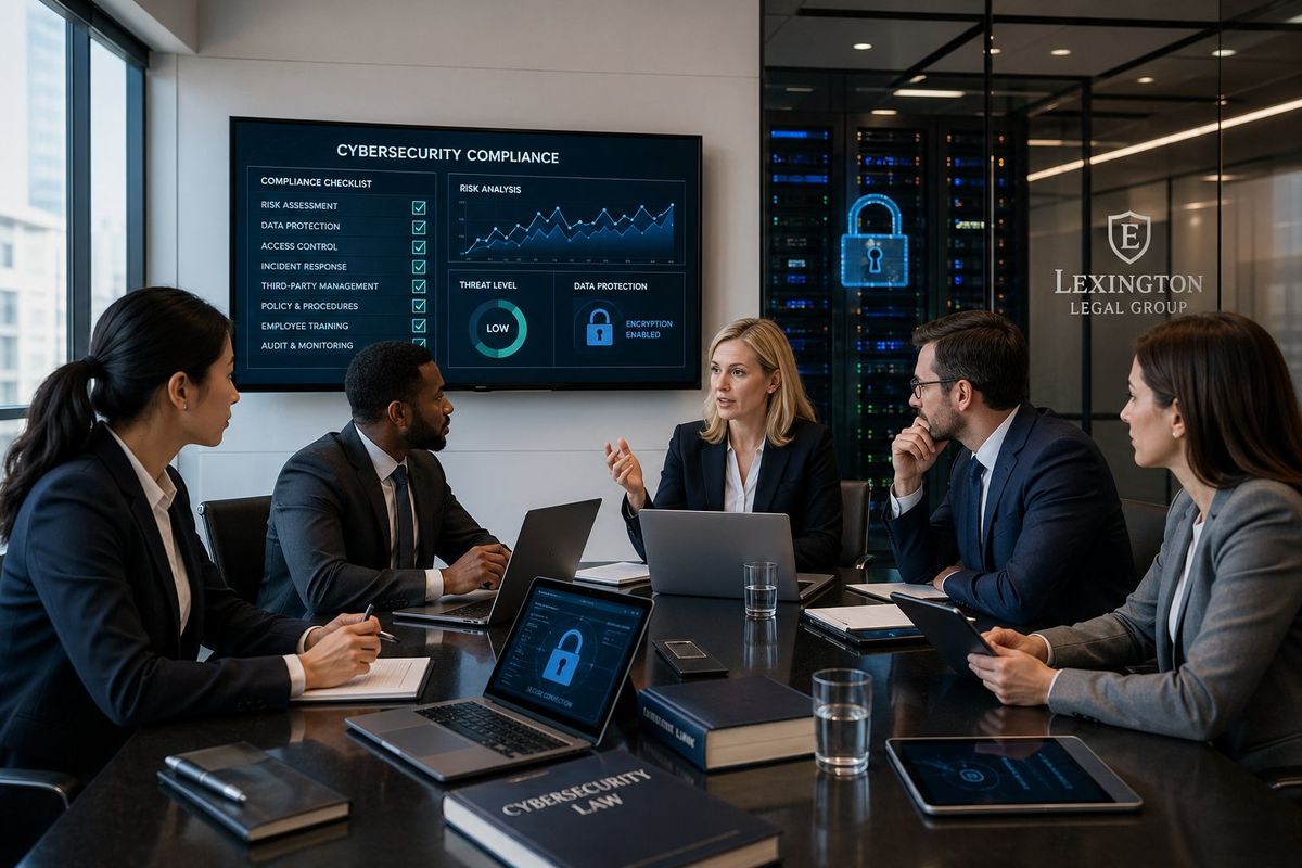 Business professionals in a law firm office discussing cybersecurity compliance around a conference table with laptops and digital devices.
