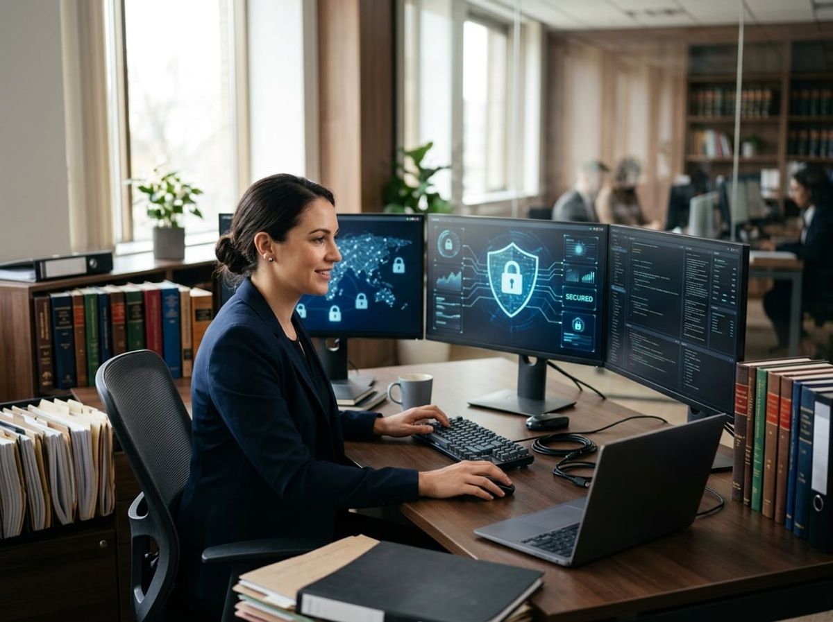 Attorney reviewing encrypted client intake data on multiple screens in a law office