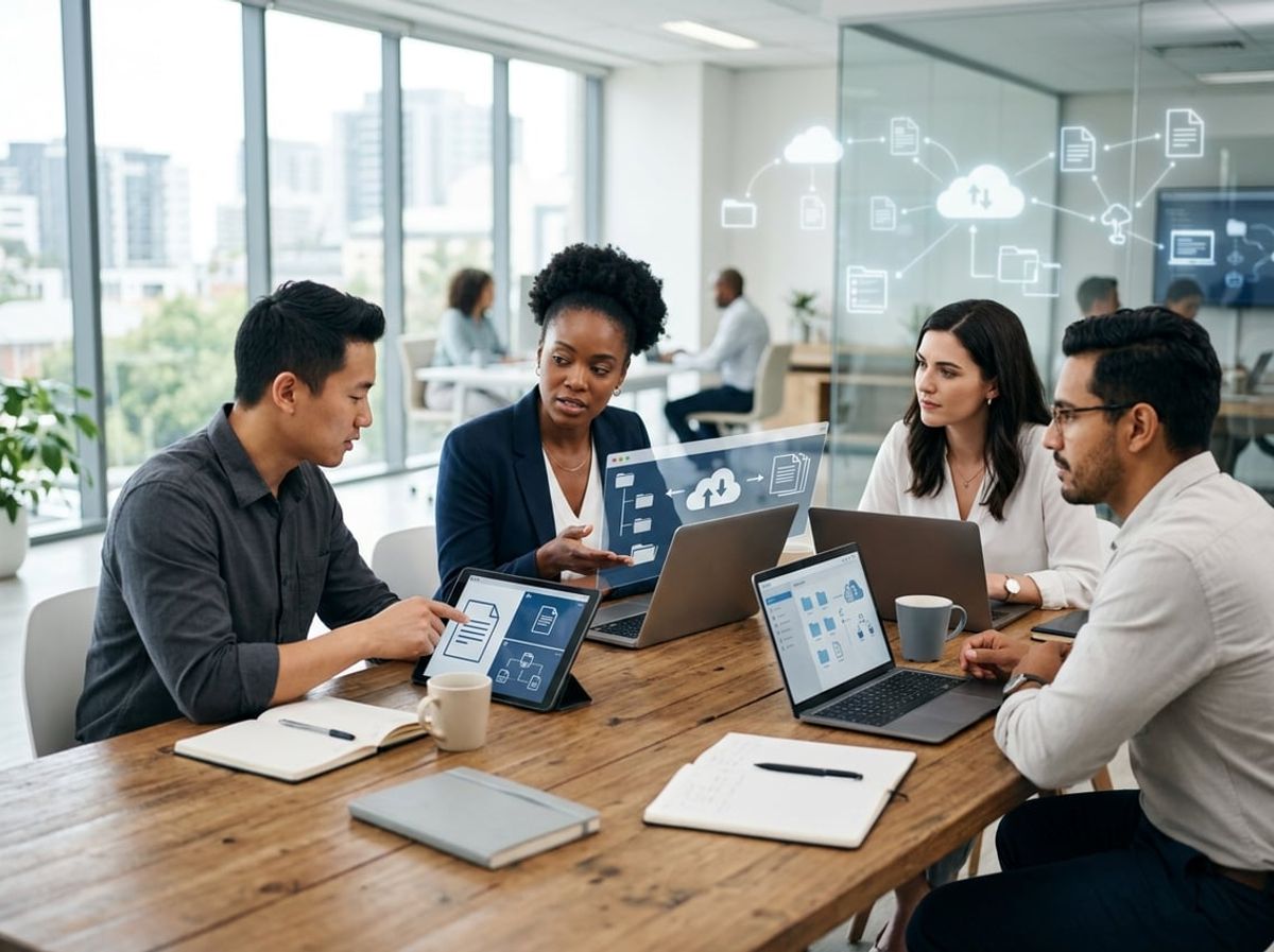 Colleagues review common questions about file storage platforms on a laptop and tablet