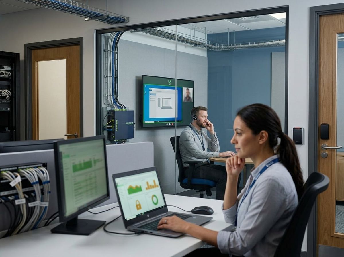 Two IT specialists reviewing security dashboards side by side in a legal office