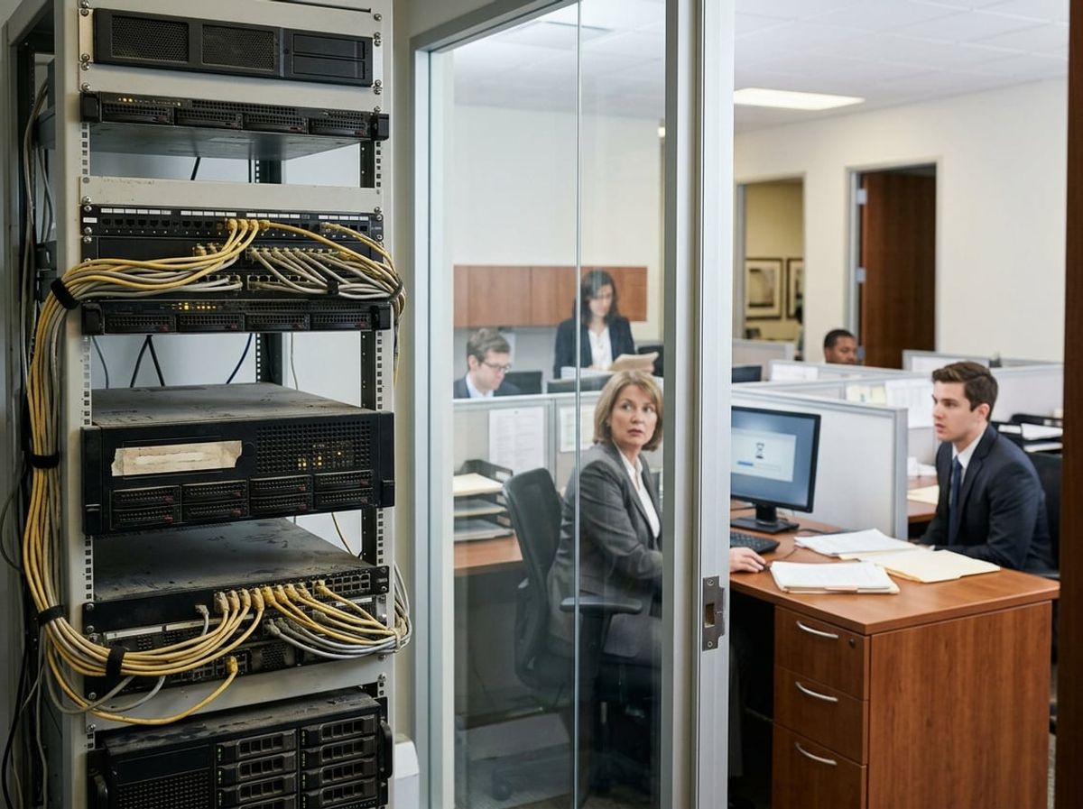 Old server tower in a cramped IT closet while lawyers wait for files to open