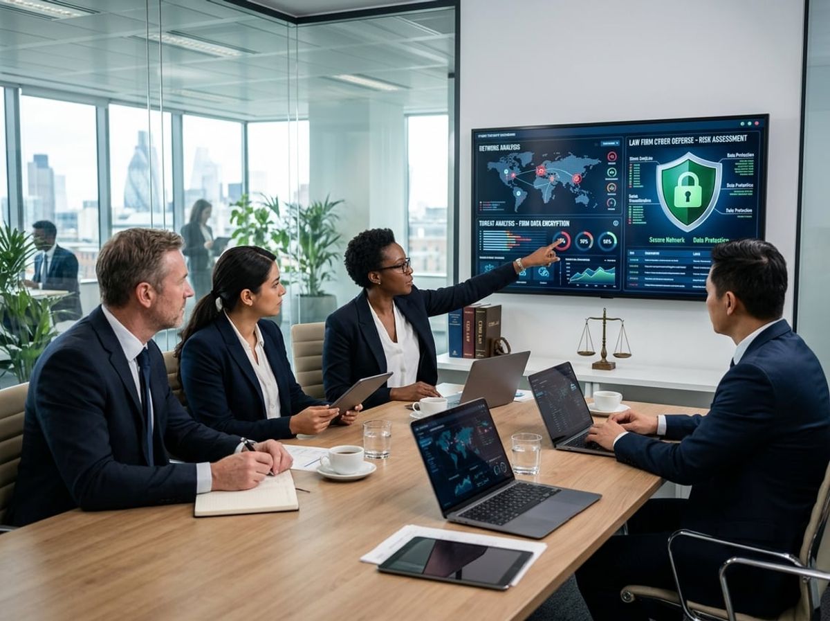 Professionals analyzing security audit results on multiple monitors during a business meeting