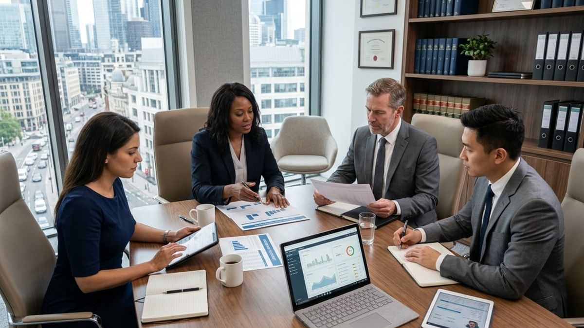 Law firm partners reviewing law firm vendor risk management controls in a NYC office