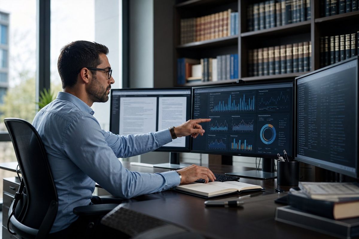 An IT consultant working at a desk with multiple computer screens in a law firm office surrounded by bookshelves and natural light.