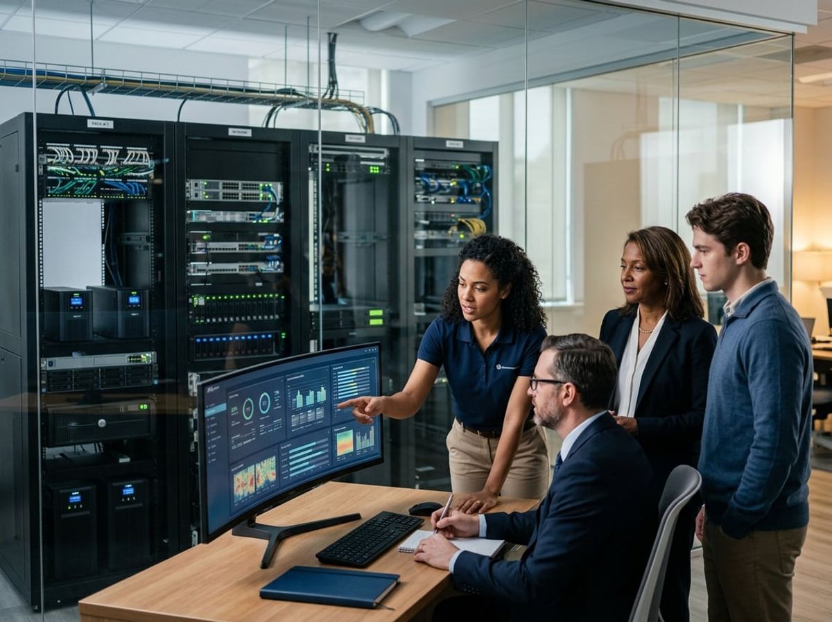 Managed IT provider and law firm staff inspect secure network equipment together