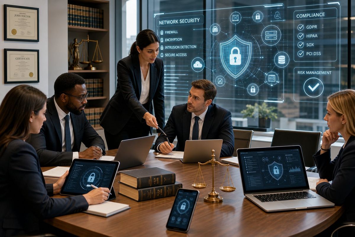 Legal professionals working together in a modern office with digital devices and security visuals emphasizing network protection.