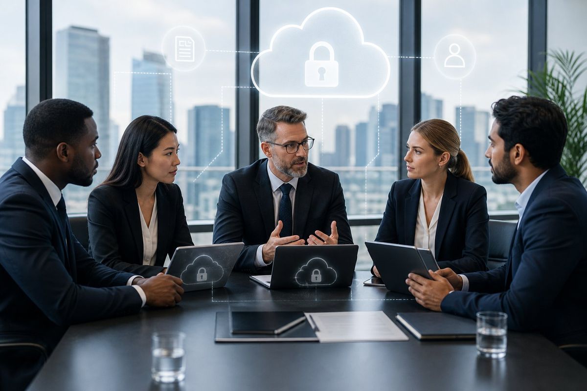 A group of business professionals in a law firm office discussing cloud security around a conference table with laptops and digital devices.