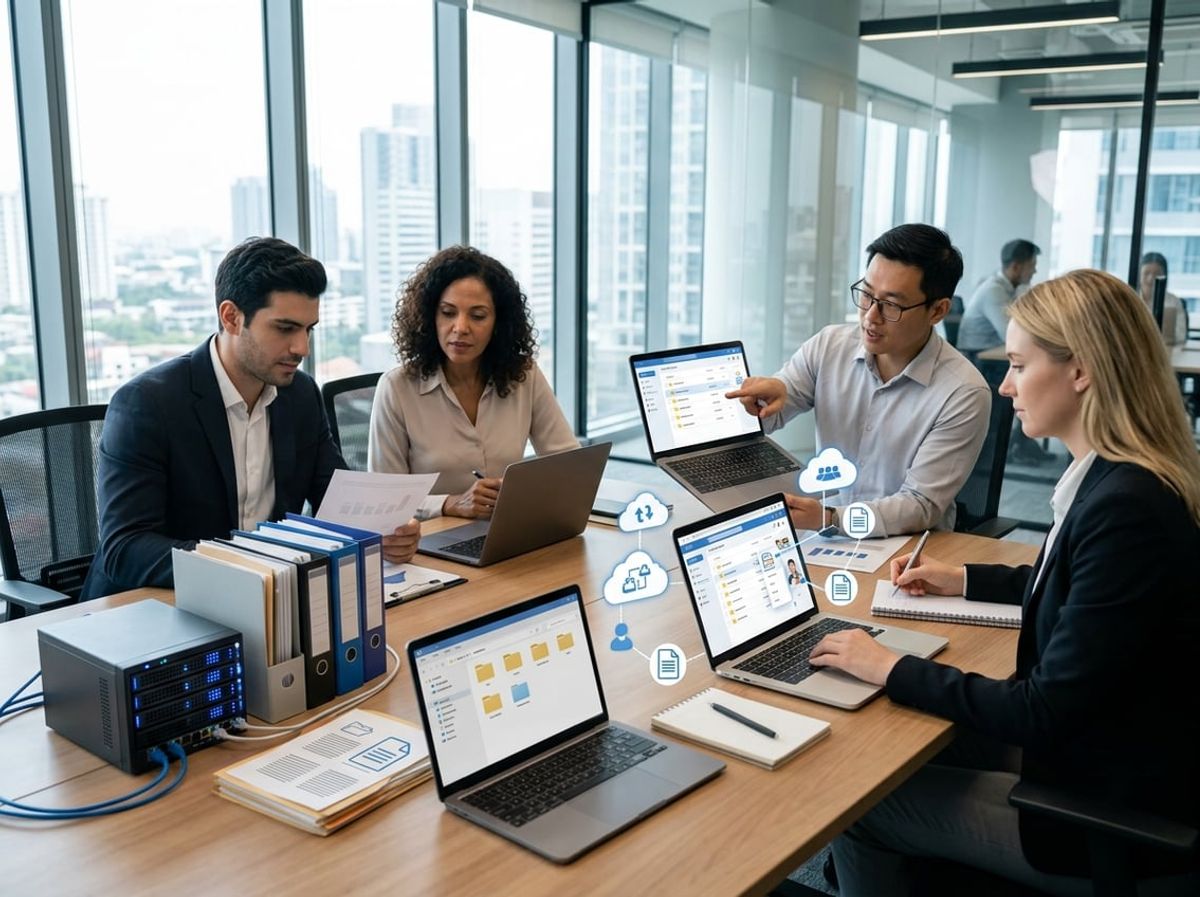 Firm principal weighs file server vs sharepoint options while reviewing project folders onscreen