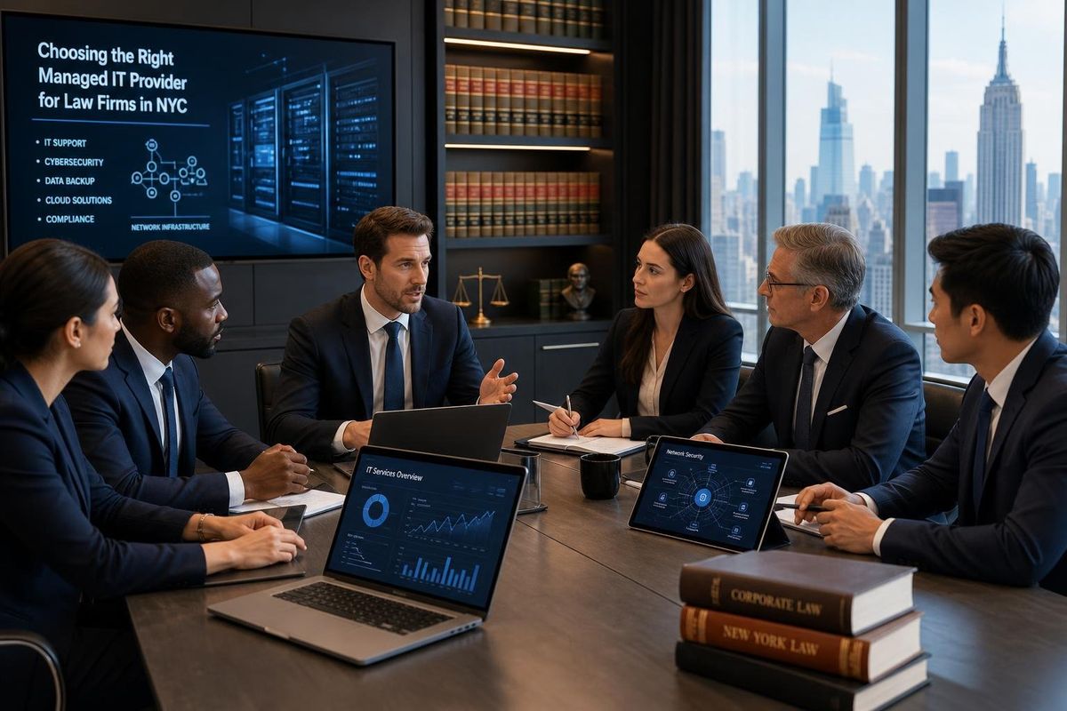 A group of lawyers and IT professionals meeting around a conference table in a law firm office with laptops and digital devices.