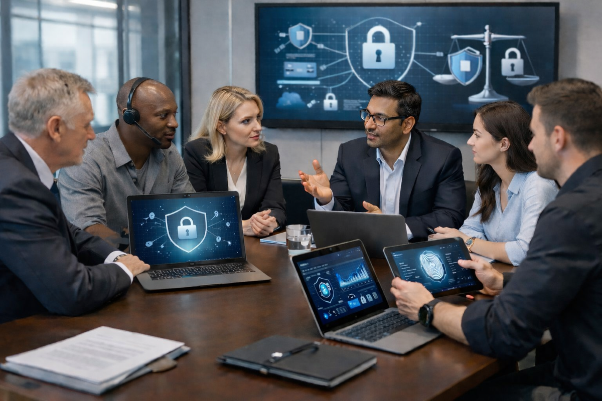 A group of professionals and IT specialists collaborating in a modern office with laptops and digital devices displaying security-related content.