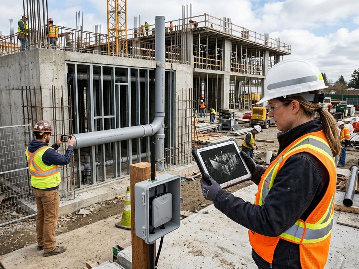 Engineer compares a 3D building model on a tablet while a worker photographs installed piping