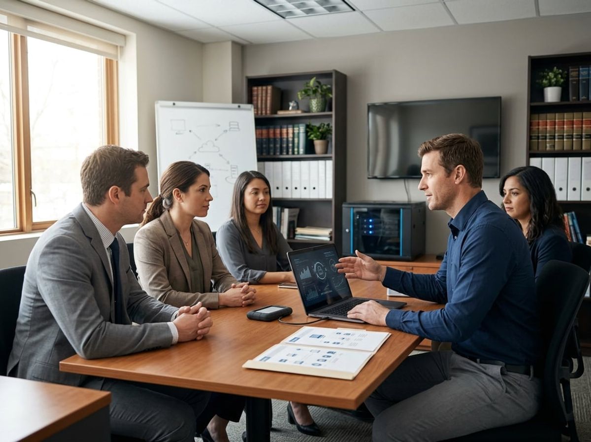 IT professional explains backup server equipment to law firm staff in an office setting