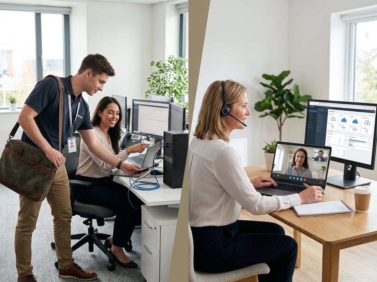Onsite technician repairing a workstation while a remote colleague joins via laptop screen
