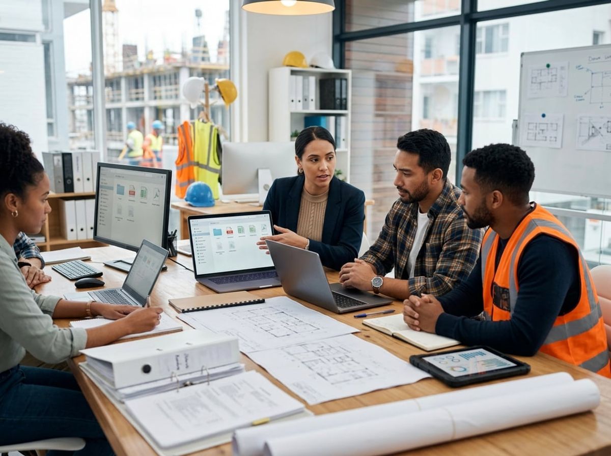 Coworkers organize digital project folders and printed records at a shared office table