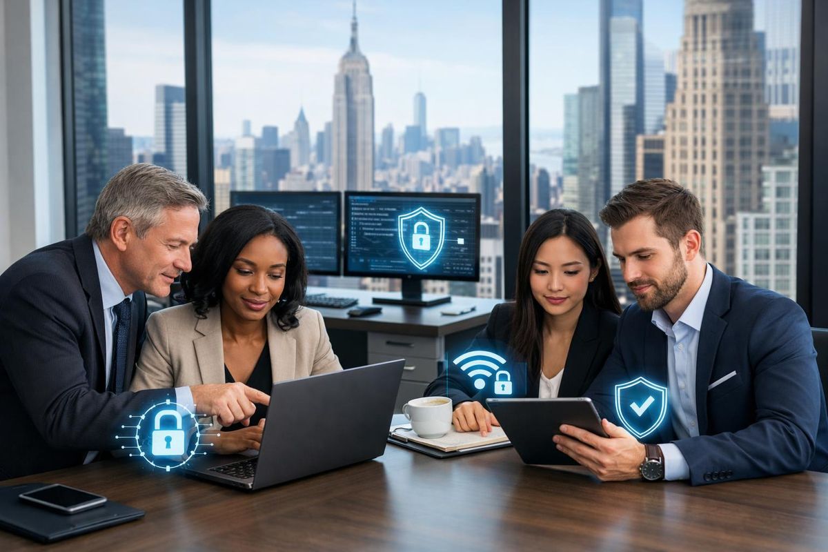 A group of legal professionals working with laptops and tablets in a modern office with city views, focusing on secure remote collaboration.