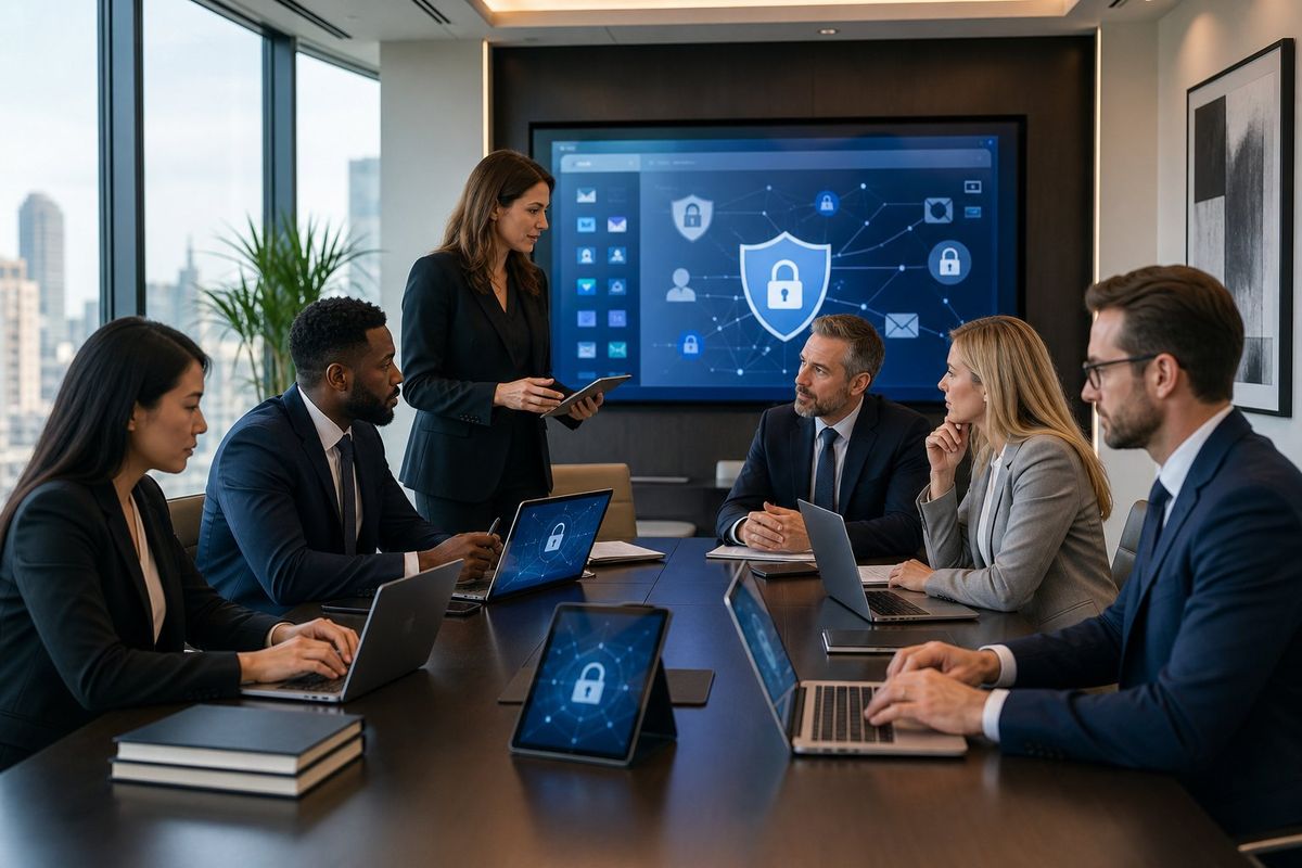 A group of professionals in a law firm office working together with laptops showing security icons and a digital screen displaying security graphics.