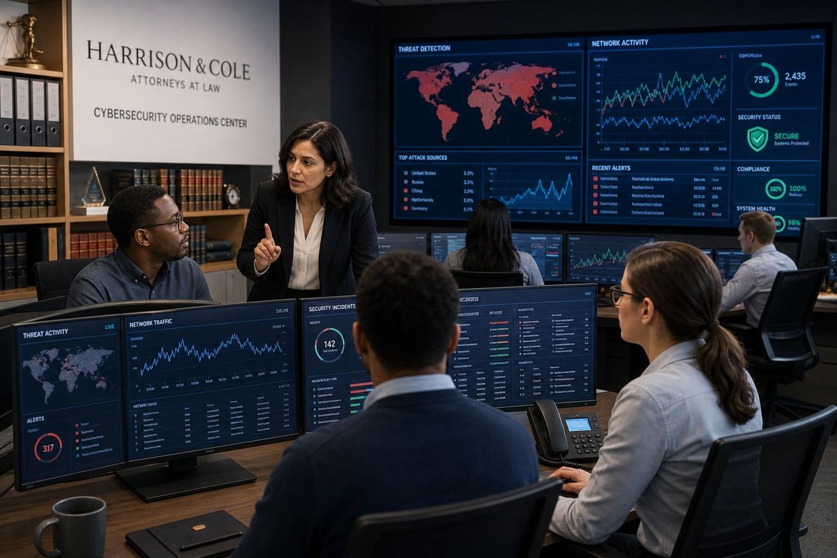 A team of cybersecurity professionals monitoring multiple computer screens with data and threat detection dashboards in a modern office with legal books in the background.