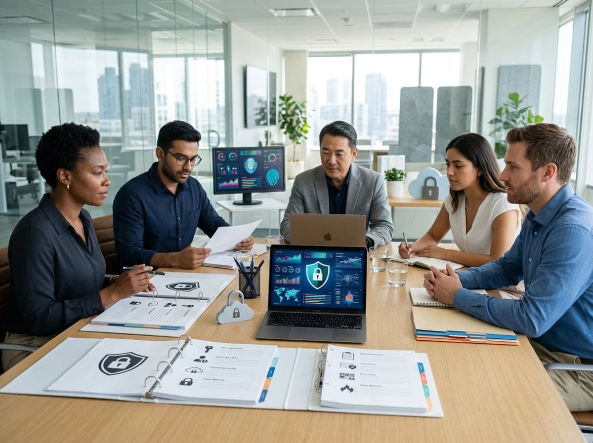 Law firm staff examine cybersecurity documentation and compliance evidence spread across a table