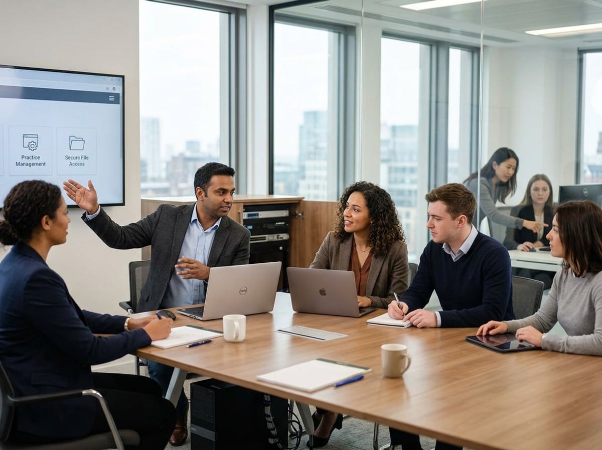 IT trainer walks new law firm employees through secure technology procedures in an office