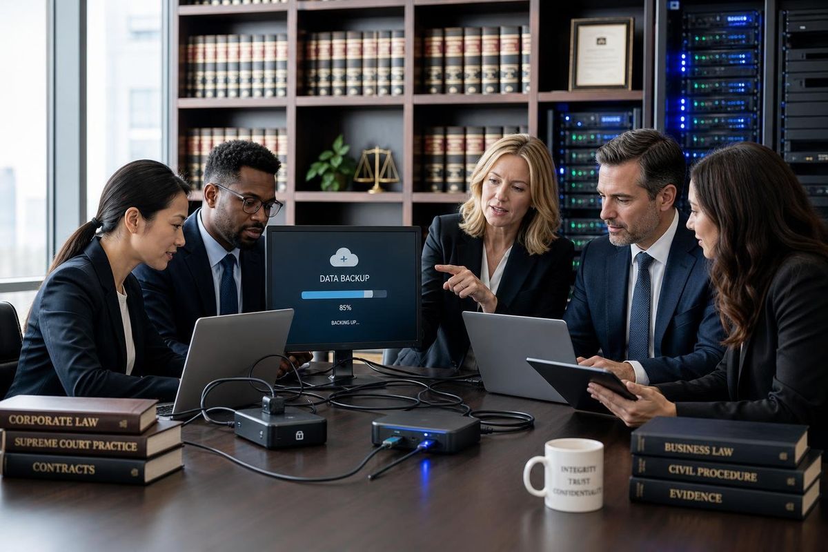 A group of legal professionals working together in a law office with laptops and external hard drives, surrounded by law books and digital servers.