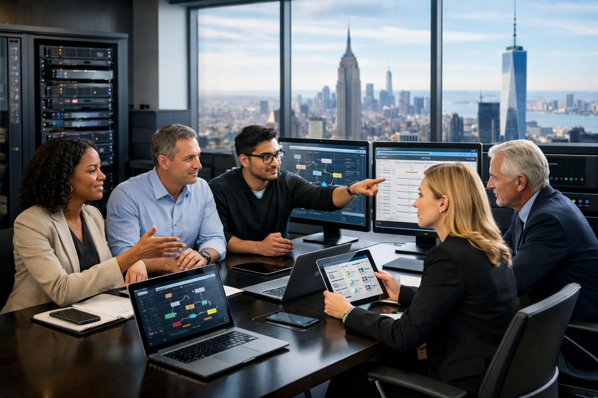 A group of legal and IT professionals collaborating around a conference table with computers and devices in a modern office overlooking the New York City skyline.