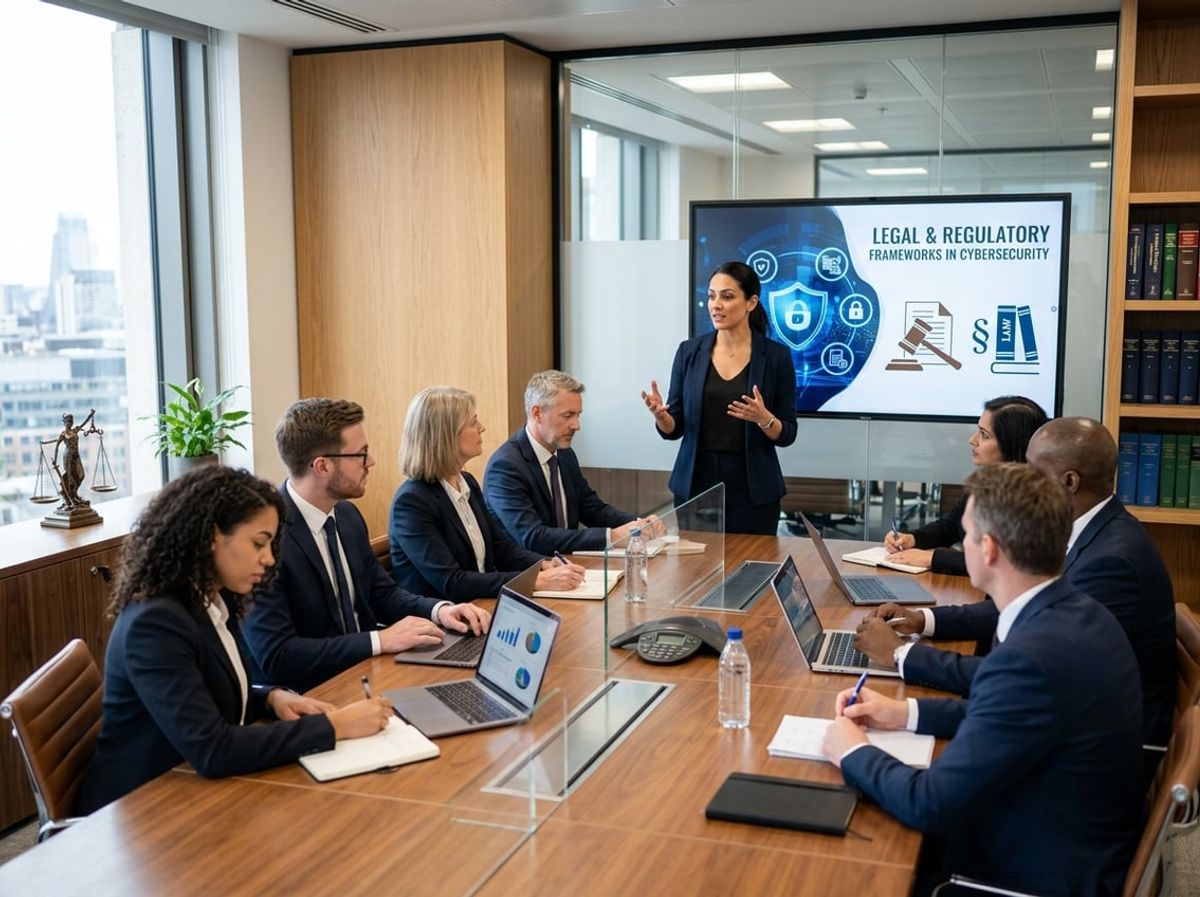 Legal team discussing regulatory compliance requirements during a training presentation