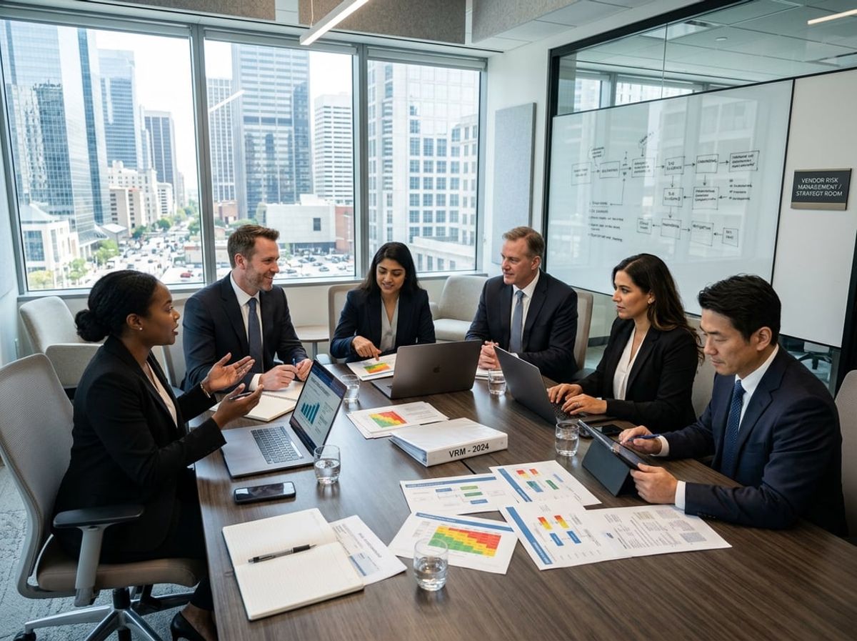 Attorneys discussing frequently asked questions about vendor oversight around a conference table