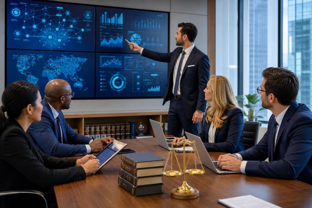 Lawyers and IT professionals collaborating around a conference table with laptops and monitors displaying cybersecurity data in a modern office.